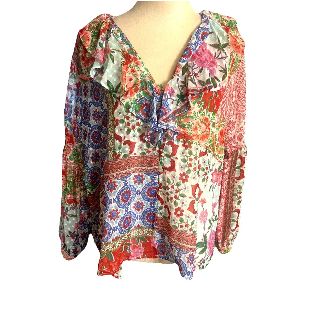 Zara Floral Patchwork Swiss Dot Button Sheer Blouse Ruffle Romantic Boho Sz S